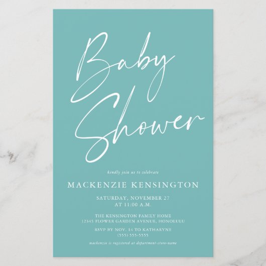 Budget Aquamarin Blue Simple Script Baby Dusche (Vorderseite)