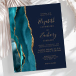 Budget Aquamarin Gold Agate Navy Blue Wedite Einla<br><div class="desc">Der links Rand dieser eleganten,  modernen Hochzeitseinladung zeichnet sich durch eine aquamarine Aquarellgrenze aus,  die mit Imitaten mit goldenem Glitzer bestickt wurde. Der anpassbare Text kombiniert goldfarbene Handschrift,  Copperplate und kursiv Schriftart auf einem raffinierten marineblauen Hintergrund. Auf der Rückseite ist ein aquamarines und goldenes Design zu sehen.</div>