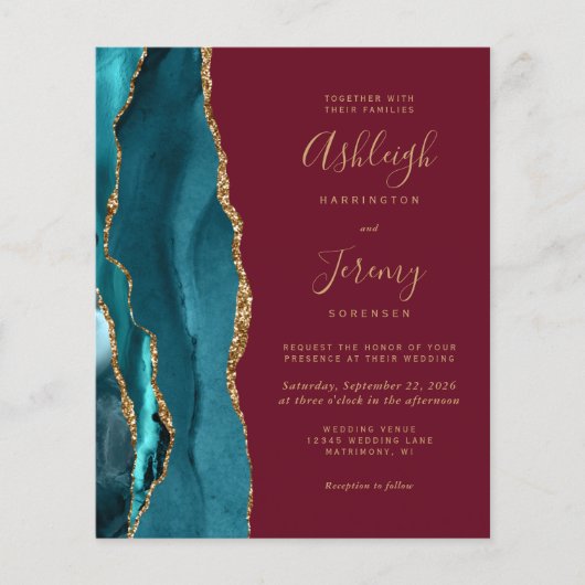 Budget Aquamarin Gold Burgund QR Code Wedding Einl (Vorderseite)