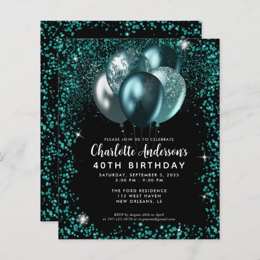 Budget Aquamarin Green Black Glitzer Balloon Gebur (Vorne/Hinten)