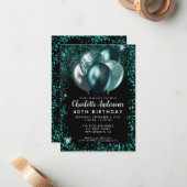 Budget Aquamarin Green Black Glitzer Balloon Gebur Mitteilungskarte (Vorderseite/Rückseite Beispiel)