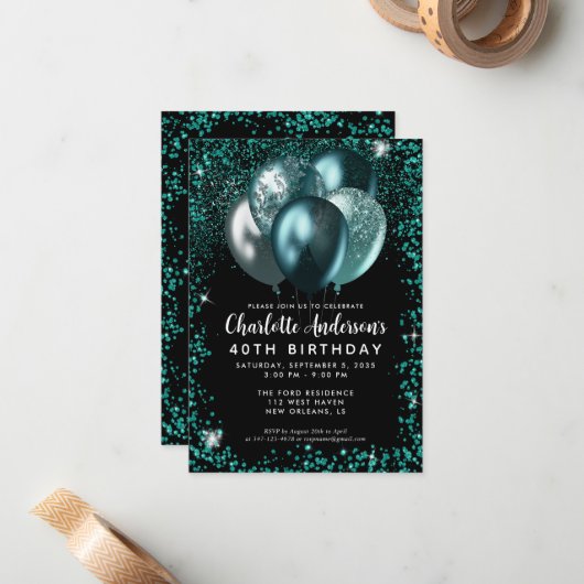 Budget Aquamarin Green Black Glitzer Balloon Gebur Mitteilungskarte (Vorderseite/Rückseite Beispiel)
