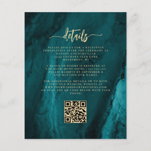Budget Aquamarine Gold Floral QR Code Hochzeit Ein (Rückseite)