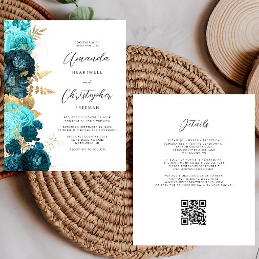 Budget Aquamarine Gold Floral QR Code Hochzeit Ein