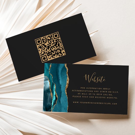 Budget Aquamariner Gold Agate Dark Wedding QR Code Begleitkarte