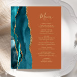 Budget Aquamarines Gold Agate Burnt Orange Wedding<br><div class="desc">Die links Seite dieses eleganten,  modernen Hochzeitsmenüs besticht durch eine aquamarine,  blaue Aquarellgrenze,  die mit dem vergoldeten Glitzer der Imitate bestickt wurde. Der anpassbare Text kombiniert goldfarbene Handschriftenschrift mit Copperplate-Schriftart auf einem verbrannten orangen Hintergrund. Auf der Rückseite ist ein aquamarines und goldenes Design zu sehen.</div>