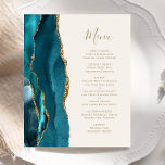 Budget Aquamarines Gold Agate Ivory Wedding Menü<br><div class="desc">Die links Seite dieses eleganten,  modernen Hochzeitsmenüs besticht durch eine aquamarine,  blaue Aquarellgrenze,  die mit dem vergoldeten Glitzer der Imitate bestickt wurde. Der anpassbare Text kombiniert goldfarbene Handschrift-Skripte und Copperplate-Schriftart auf Elfenbeinhintergrund. Auf der Rückseite ist ein aquamarines und goldenes Design zu sehen.</div>