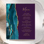 Budget Aquamarines Gold Agate Lila Wedelmenü<br><div class="desc">Die links Seite dieses eleganten,  modernen Hochzeitsmenüs besticht durch eine aquamarine,  blaue Aquarellgrenze,  die mit dem vergoldeten Glitzer der Imitate bestickt wurde. Der anpassbare Text kombiniert goldfarbene Handschriftenschrift und Copperplate-Schriftart auf einem lila Hintergrund. Auf der Rückseite ist ein aquamarines und goldenes Design zu sehen.</div>
