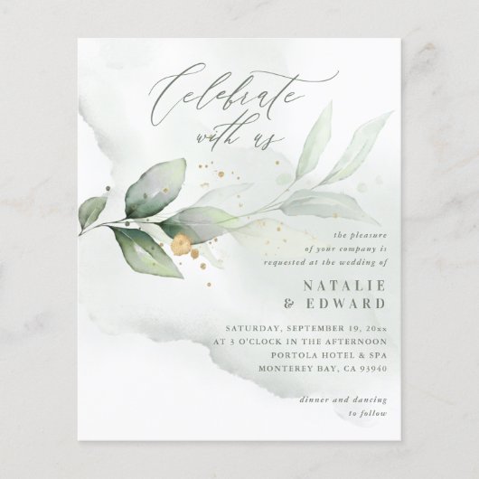 Budget Aquarell Eukalyptus Grüne Goldhochzeit Flyer (Vorne)