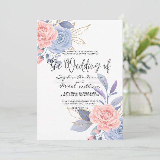 Budget Aquarell Floral Gold Blue & Pink Hochzeit Einladung (Stehend Vorderseite)