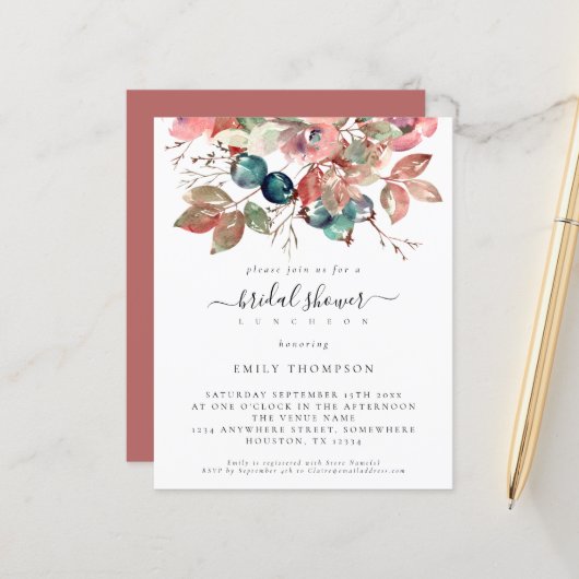 Budget Aquarellfarben Rosa Brautparty Einladung (Vorderseite/Rückseite Beispiel)