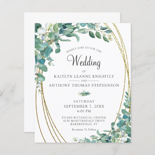 Budget Aquarellgrün Gold Hochzeit Einladung (Vorne/Hinten)