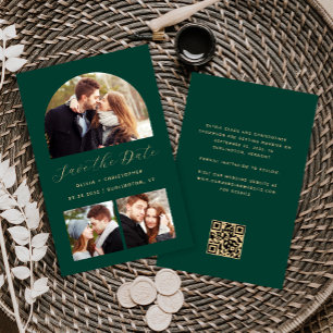 Budget Arch 3-Foto Collage Green QR Save the Date