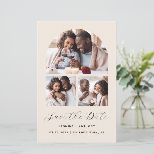 Budget Arch 4-Foto Collage Beige Save the Date (Stehend Vorderseite)