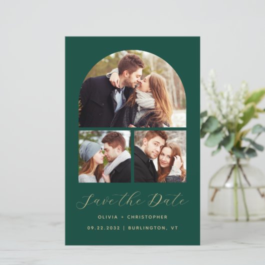 Budget Arch 4-Foto Collage Green Save the Date (Stehend Vorderseite)