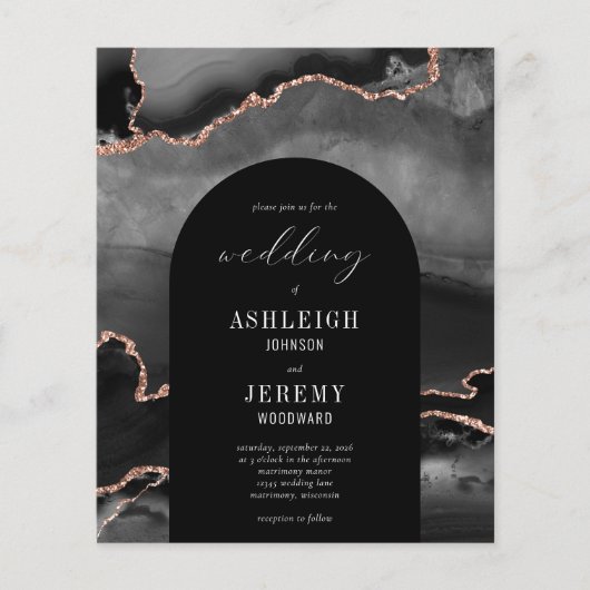 Budget Arch Black Rose Gold Agate Wedite Einladung (Vorderseite)