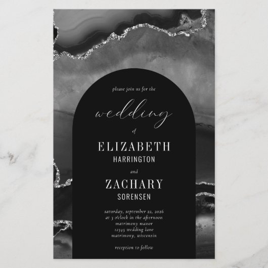 Budget Arch Black Silver Agate Einladung Hochzeit (Vorderseite)