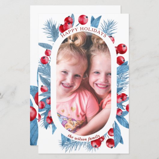 Budget Arch Blue Holly Berries Foto Holiday Card (Vorne/Hinten)
