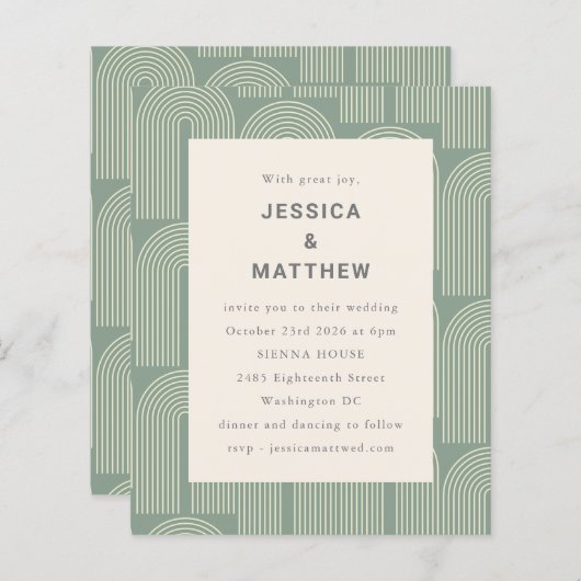 Budget Arch Line Art Sage Grüne Hochzeit Einladung (Vorne/Hinten)