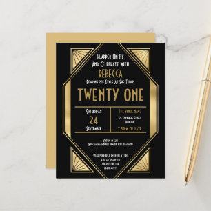 Budget Art Deco 21. Geburtstag Gold Black Einladun