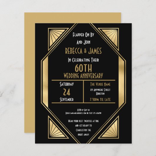Budget Art Deco 60. Hochzeitstag Einladung (Vorne/Hinten)