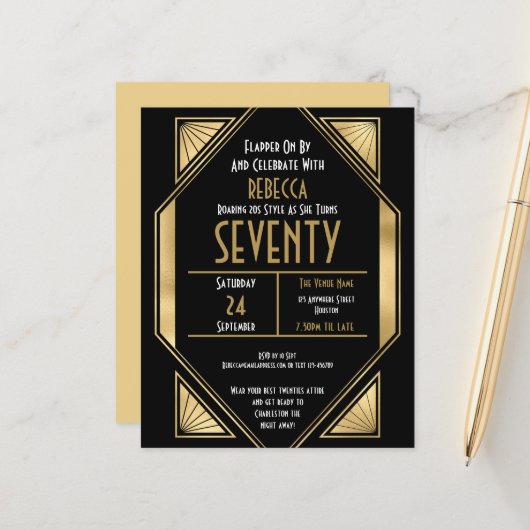 Budget Art Deco 70. Geburtstag Gold Black Einladun (Vorderseite/Rückseite Beispiel)
