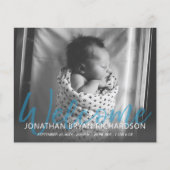 Budget B&W Blue Welcome Foto Baby Ankündigung (Vorderseite)