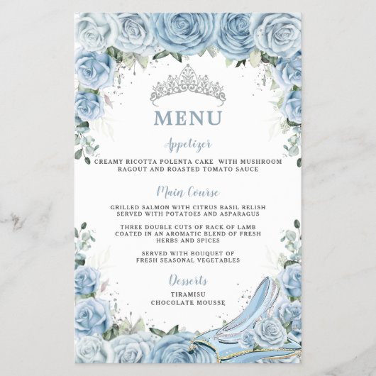 Budget Baby Blue Floral Sweet 16 Quinceñera Menü (Vorne)