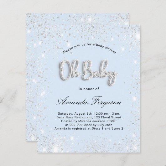 Budget Baby Dusche Baby Blue Junge Silber Glitzer (Vorne/Hinten)