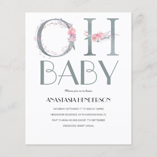 Budget Baby Dusche Einladung. (Vorderseite)