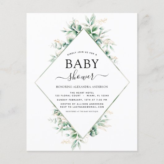 Budget Baby Dusche Eukalyptus Botanical Geometric Flyer (Vorne)