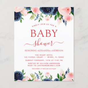Budget Baby Dusche Navy Blue Blush Pink Blütenblüt Flyer