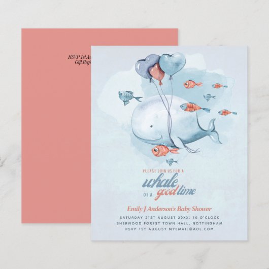 BUDGET Baby Dusche Sea Life Whale Boys Blue Einlad (Vorne/Hinten)