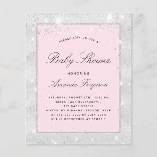Budget Baby Dusche Silber Rosa Einladung (Vorderseite)