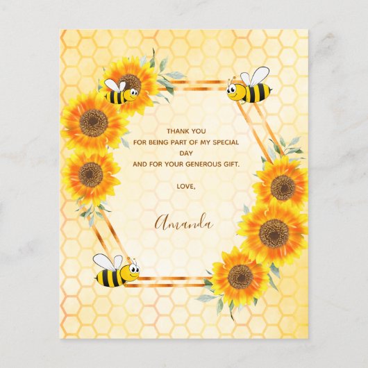 BUDGET Baby Dusche Sonnenblumen Biene Danke Karte (Rückseite)