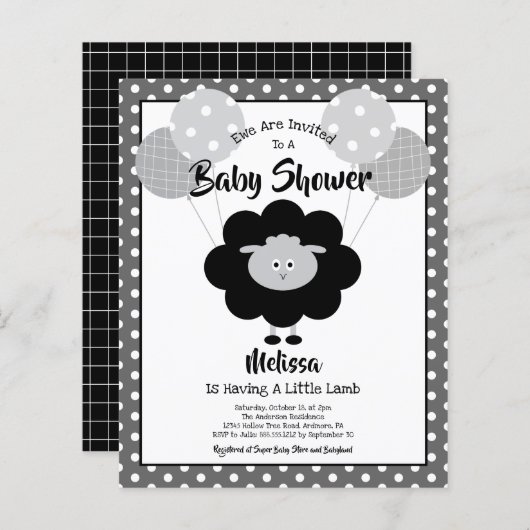 Budget Baby Dusche Spaß Schwarz-weiß Lamb Einladun (Vorne/Hinten)