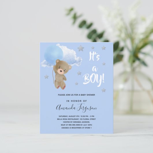 Budget Baby Dusche Teddy Bär Blue Einladung (Stehend Vorderseite)