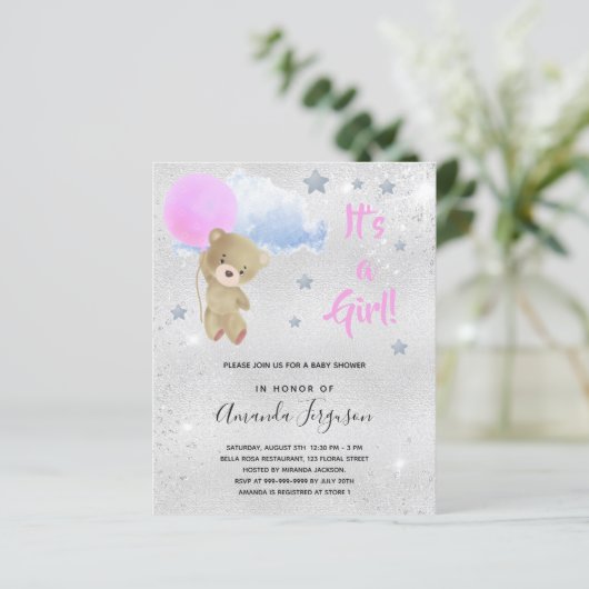 Budget Baby Dusche Teddy Bär Mädchen pink Silber (Stehend Vorderseite)