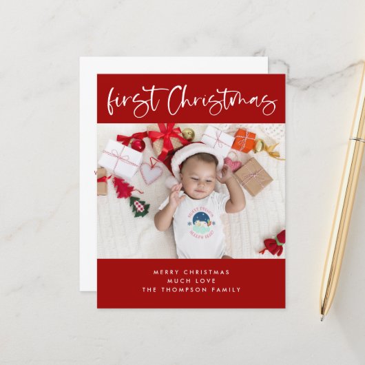 Budget Baby First Christmas Foto Kleine Flat Card (Vorderseite/Rückseite Beispiel)