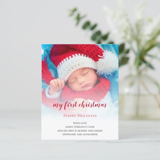 BUDGET Baby First Christmas Foto Overlay Card (Stehend Vorderseite)