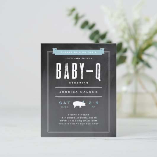 Budget Baby GRILLEN Blue Co-ed Baby Dusche Einladu (Stehend Vorderseite)