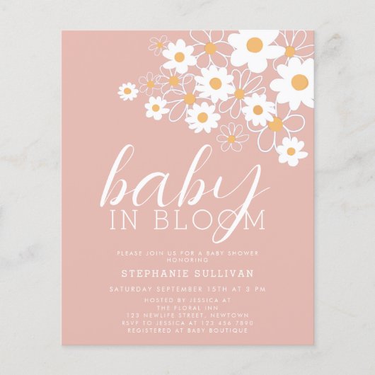 Budget Baby in Bloom Daisy Pink Baby Dusche Einlad (Vorderseite)