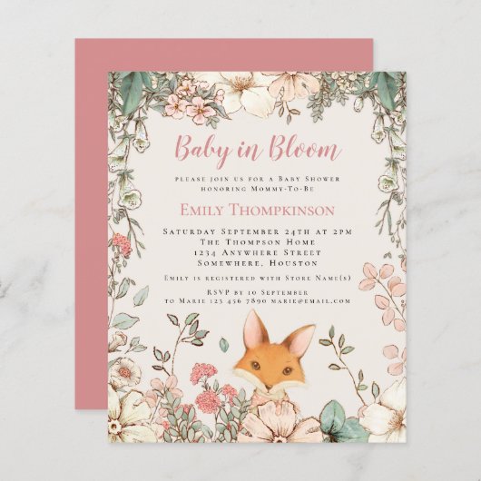 Budget Baby in Bloom Fox Girl Babydusche einladen (Vorne/Hinten)