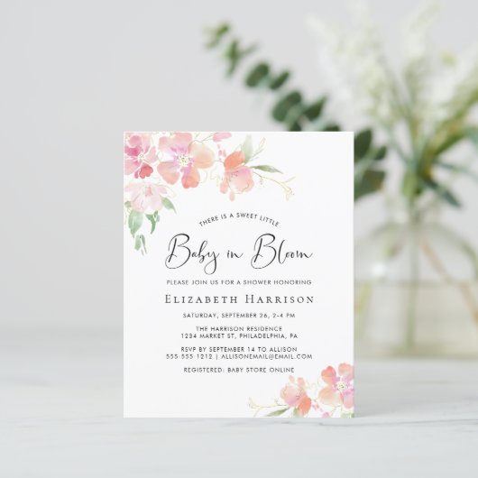 Budget Baby in Bloom Pink Blütendusche Einladung (Stehend Vorderseite)