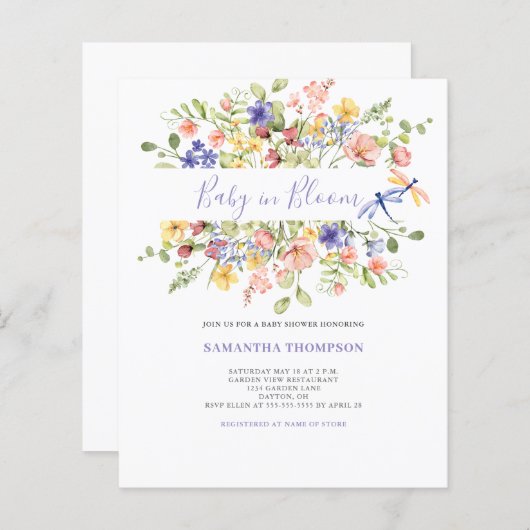 Budget Baby in blutrosa Blütendusche Einladung (Vorne/Hinten)