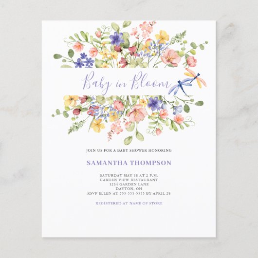 Budget Baby in blutrosa Blütendusche Einladung (Vorderseite)