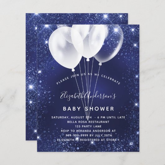 Budget Baby Shower blauen Ballon Einladung (Vorne/Hinten)