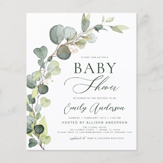 Budget Baby Shower Greenery Eucalyptus Einladungen Flyer (Vorne)