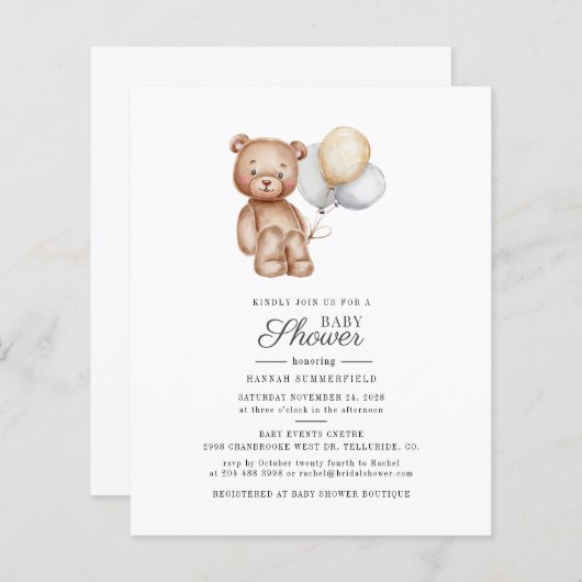 Budget Baby Shower Script Bärenballons Einladung (Vorne/Hinten)