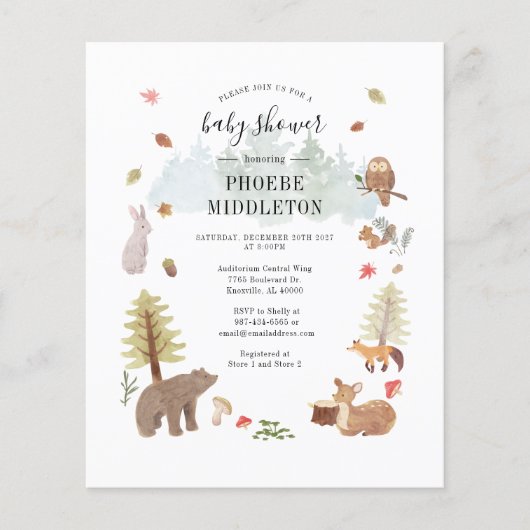 Budget Baby Shower Woodland Tiere Einladung (Vorderseite)